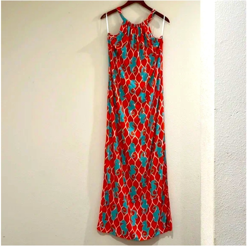Escapada maxi dress halter coral/aqua seahorse print
